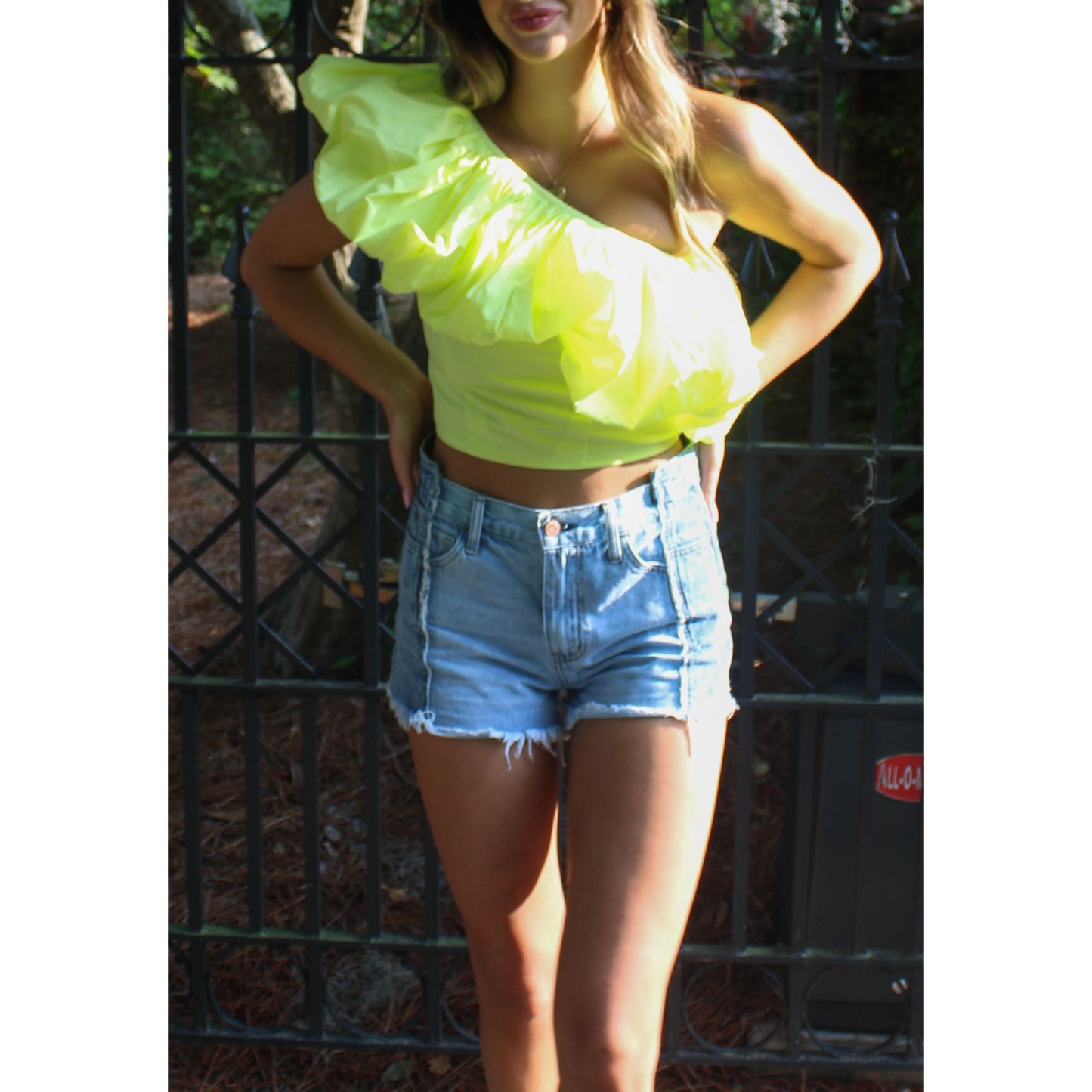 Penny Ruffle Crop Top, Neon Yellow