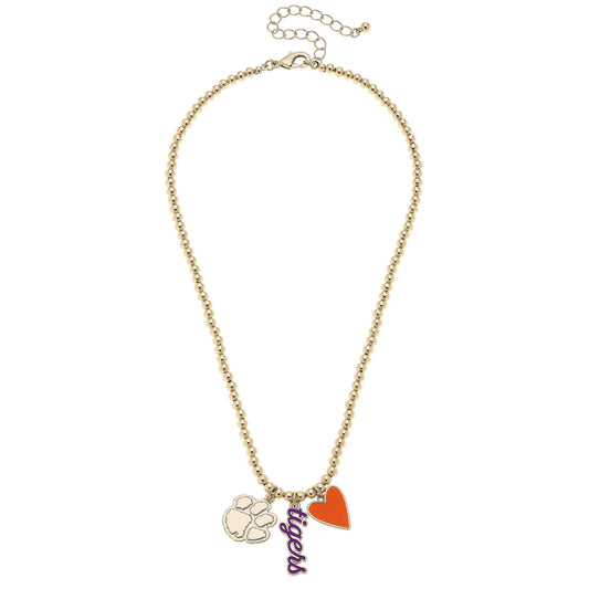 Clemson Tigers Ball Bead Charm Necklace in Shiny Gold