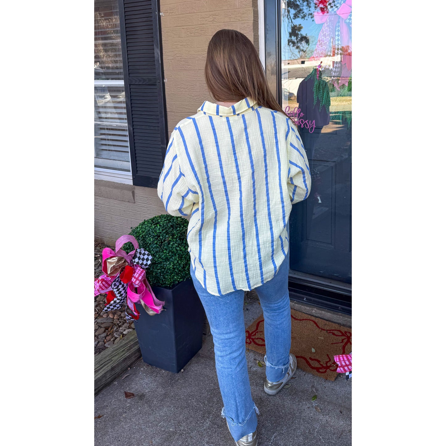 Anne Stripe Button Down Top, Butter Yellow/Blue