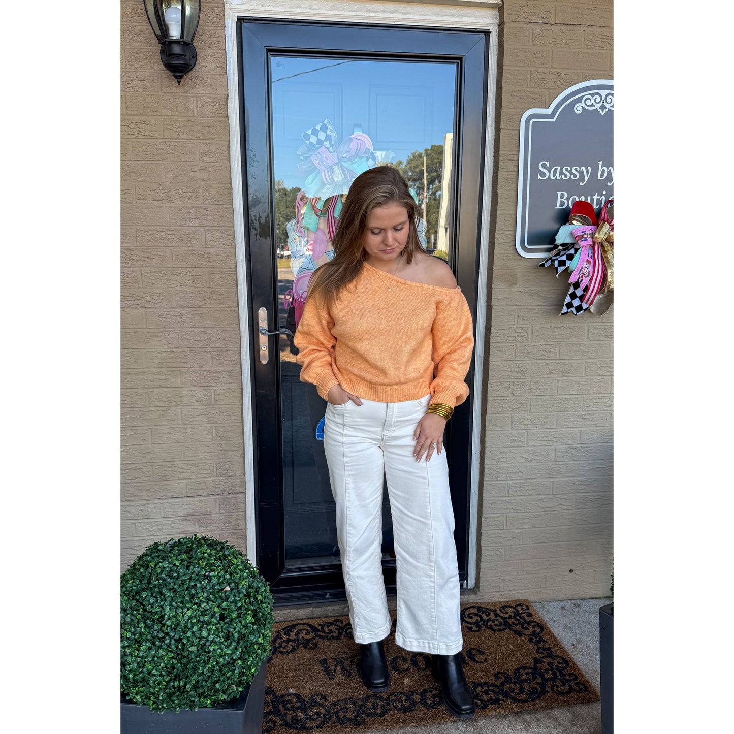 Noelle Asymmetrical Neckline Sweater, Light Orange