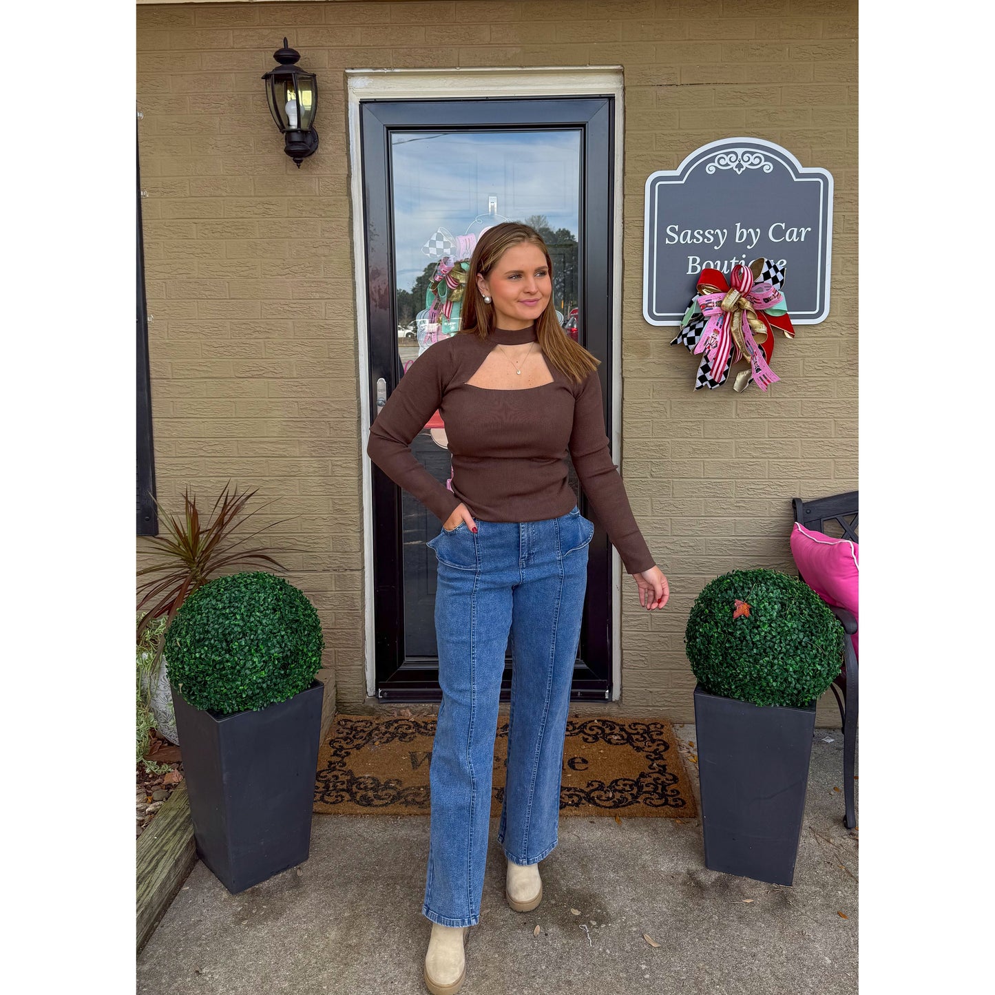 Mock Neck Cutout Top, Dark Brown