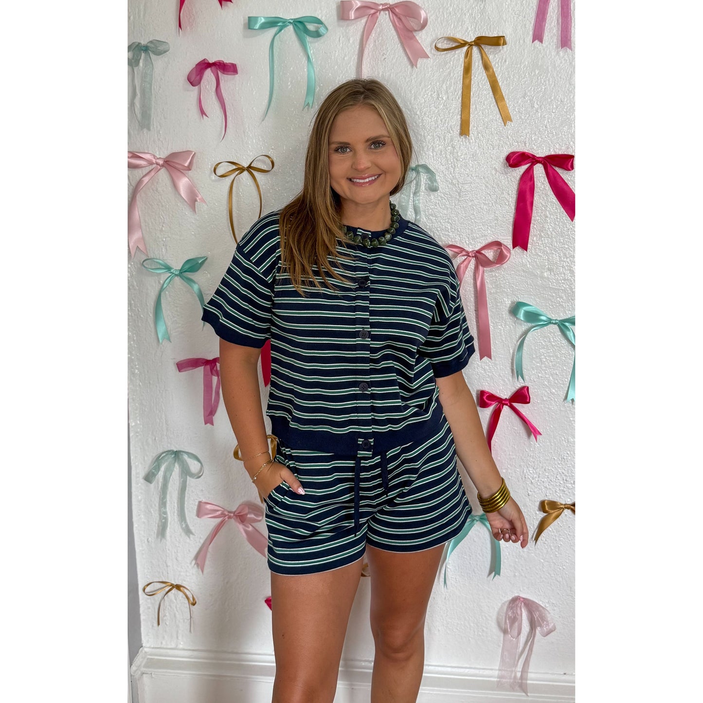 Navy/Hunter Green Stripe Lounge Short Set