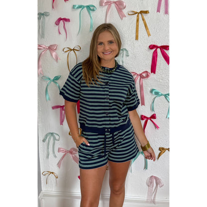 Navy/Hunter Green Stripe Lounge Short Set