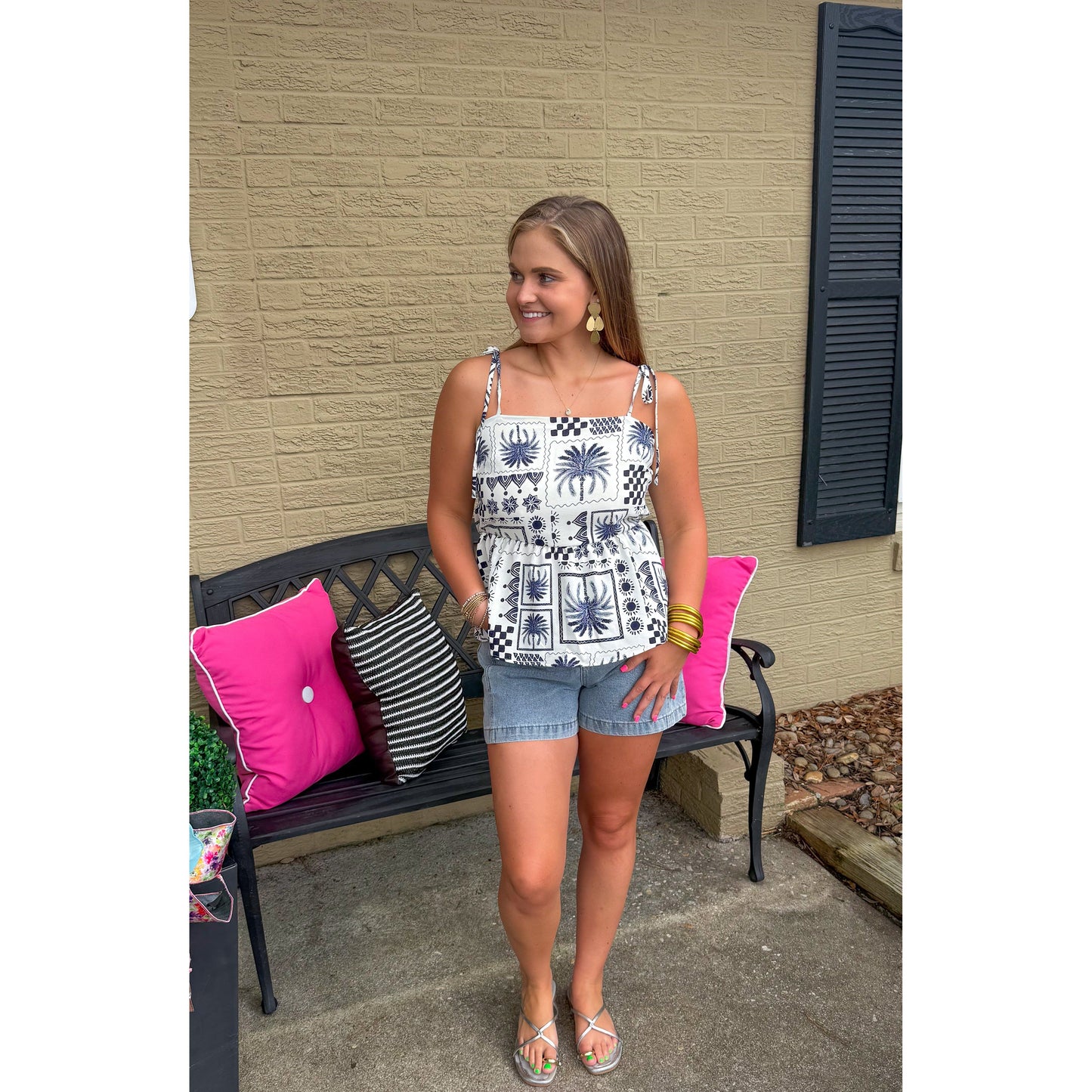 Abstract Print Top, Ivory/Navy