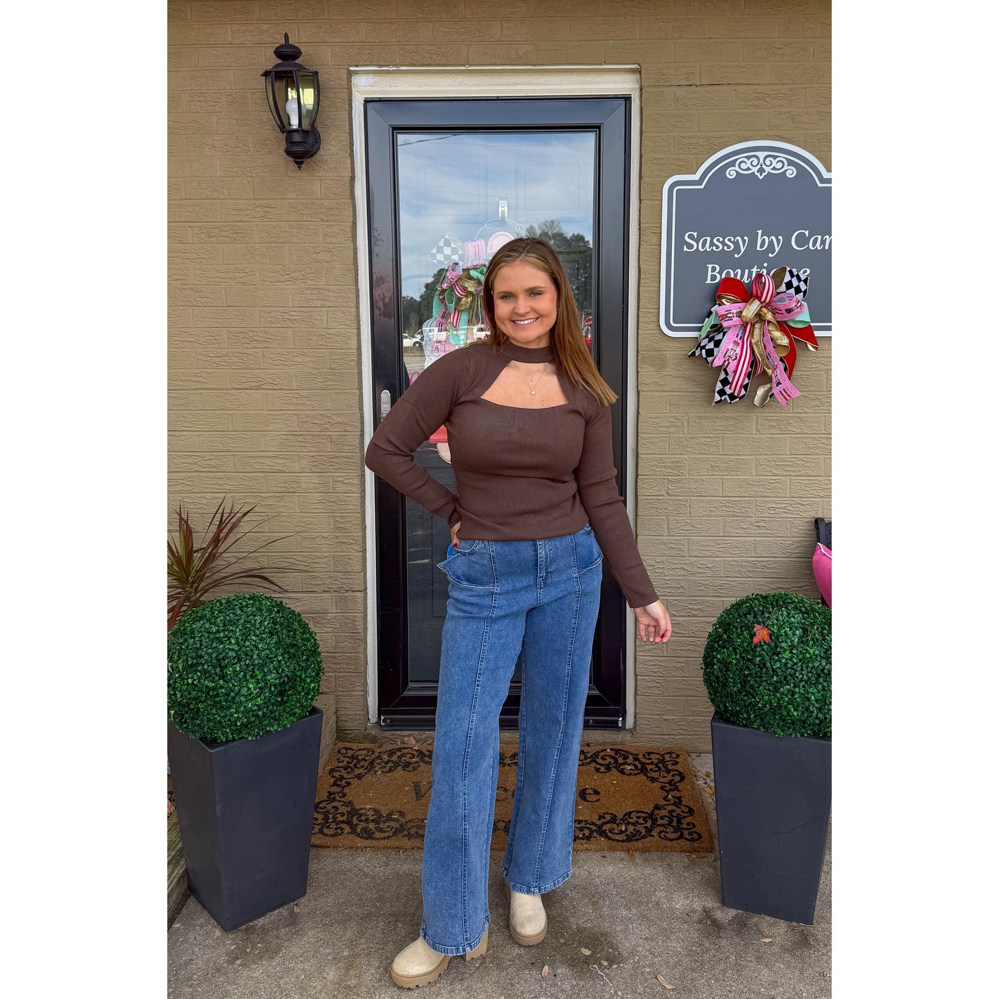 Mock Neck Cutout Top, Dark Brown