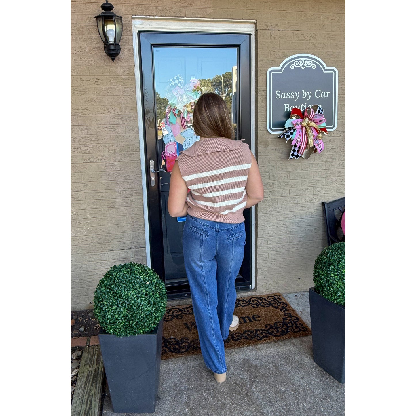 Rivers Stripe Top, Taupe/Cream