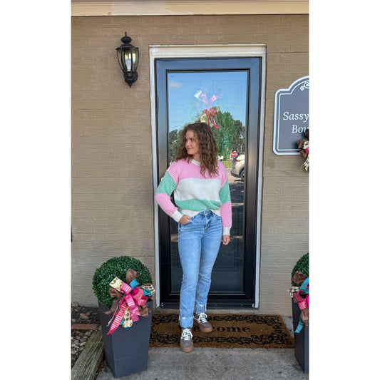 Aubrey Stripe Sweater, Pink/Green