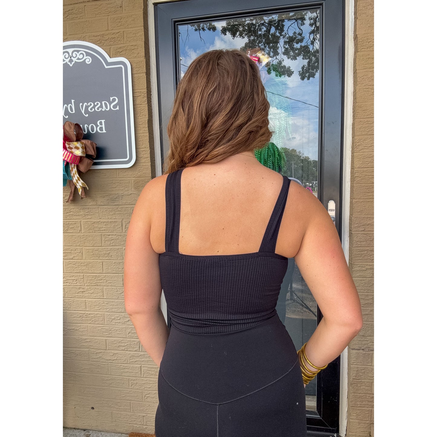 V Neck Ribbed Crop Top, Black
