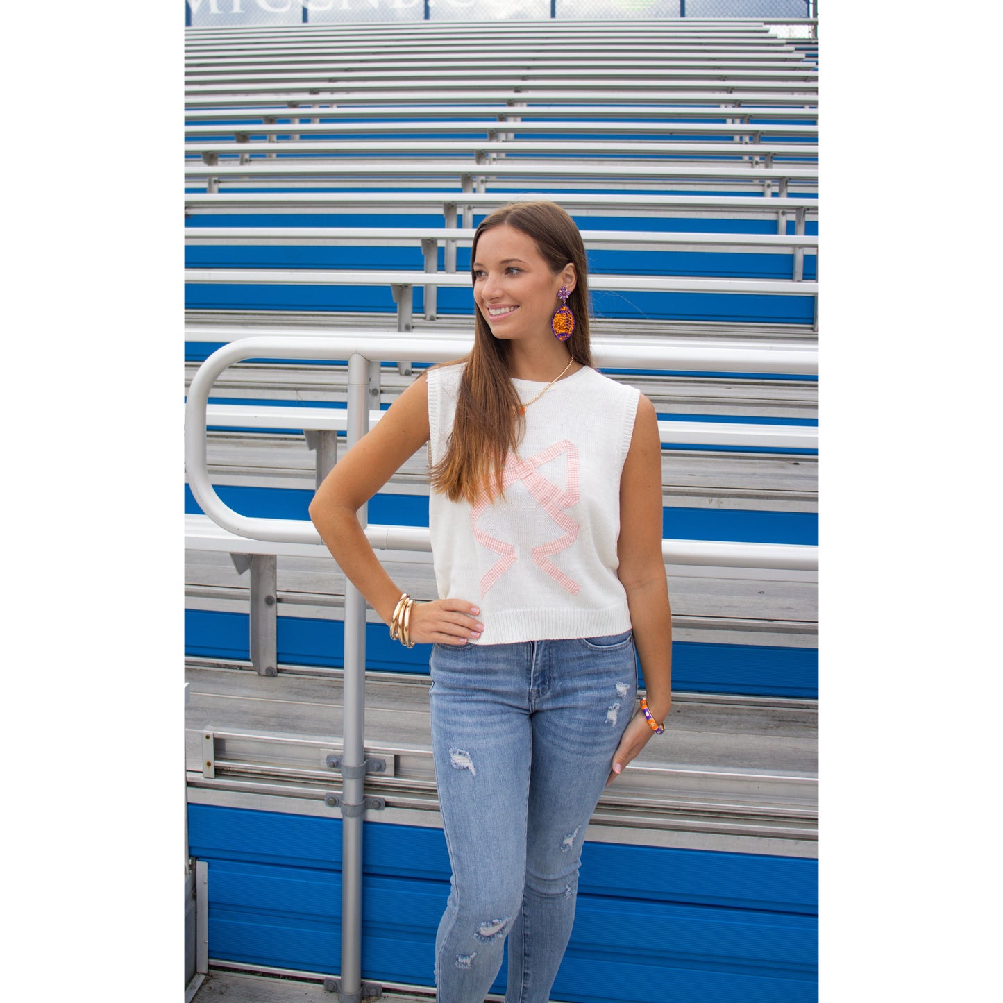 Bow & Gingham Top, Orange/Ivory