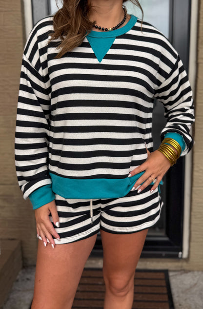 Henley Stripe Lounge Set, Black/Teal
