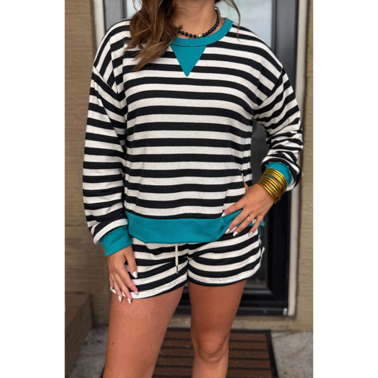 Henley Stripe Lounge Set, Black/Teal