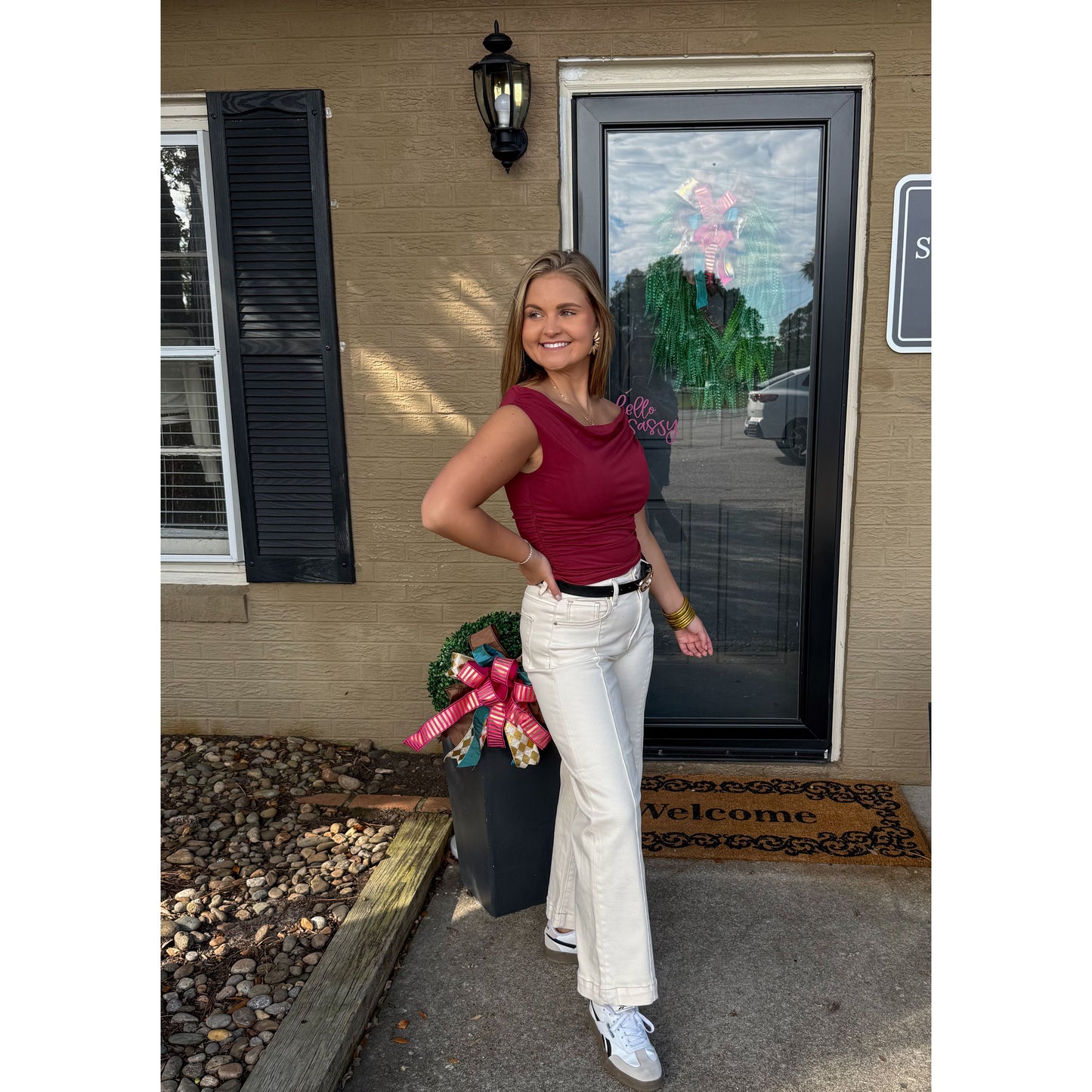 Asymmetrical Neckline Top, Burgundy