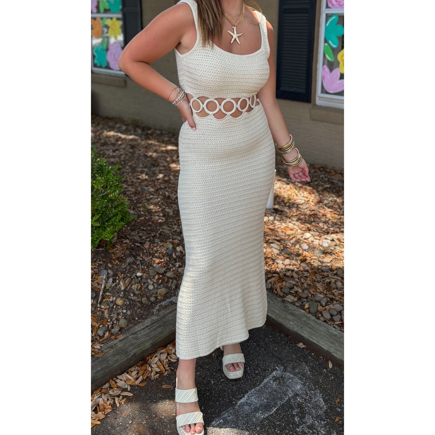 O-Ring Crochet Midi Dress, Cream