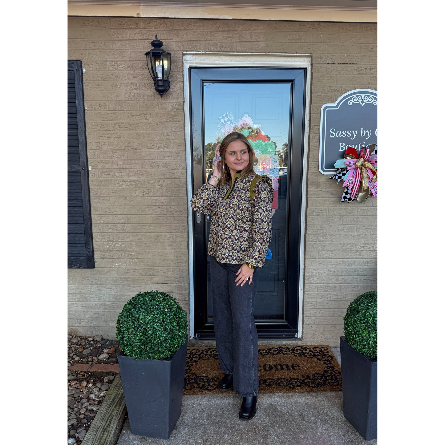 Chartreuse/Black Pattern Blouse