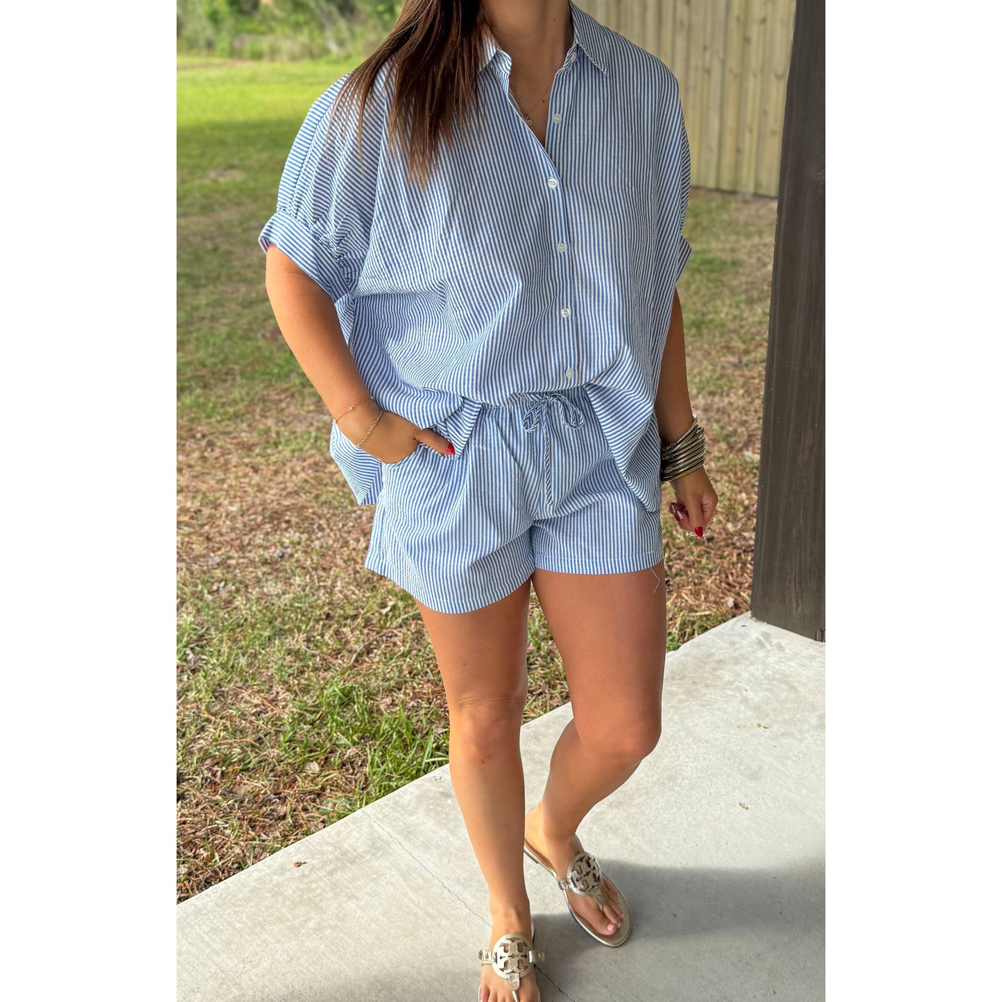 Seersucker Stripe Short Set, Blue/White