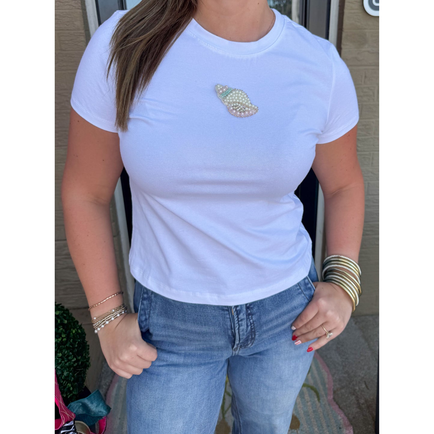 Shell Beaded Top, White Multi