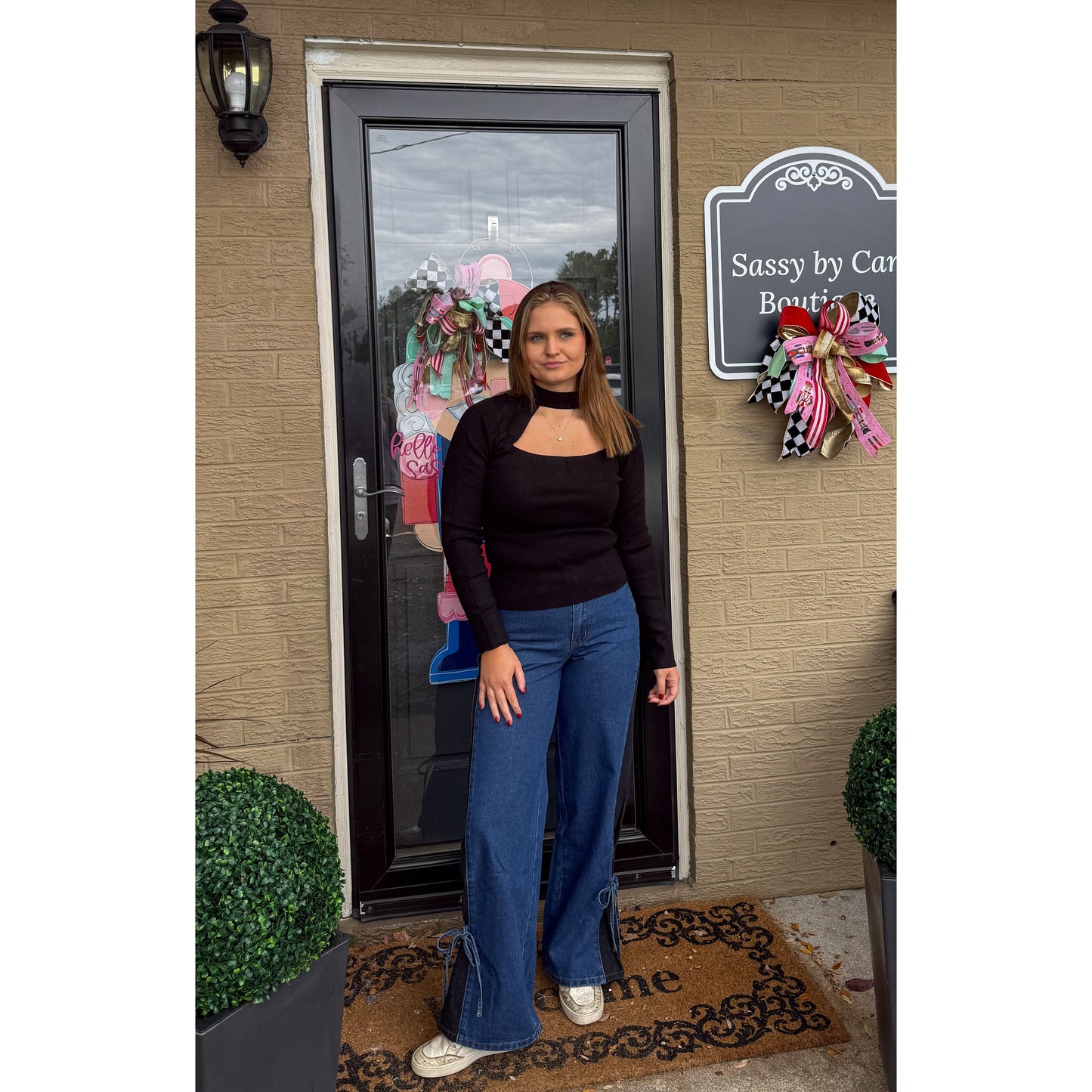 Mock Neck Cutout Top, Black