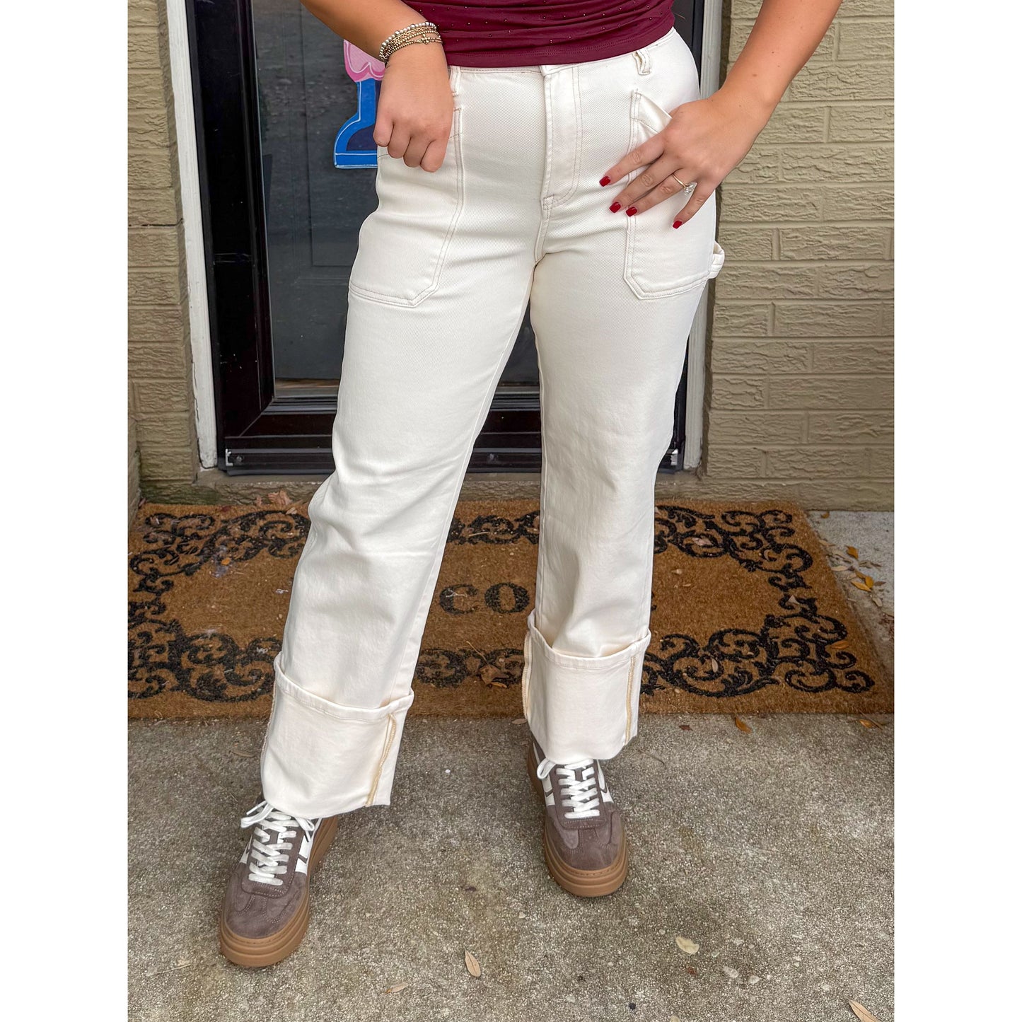 Cuffed Ivory Wide Leg Jeans