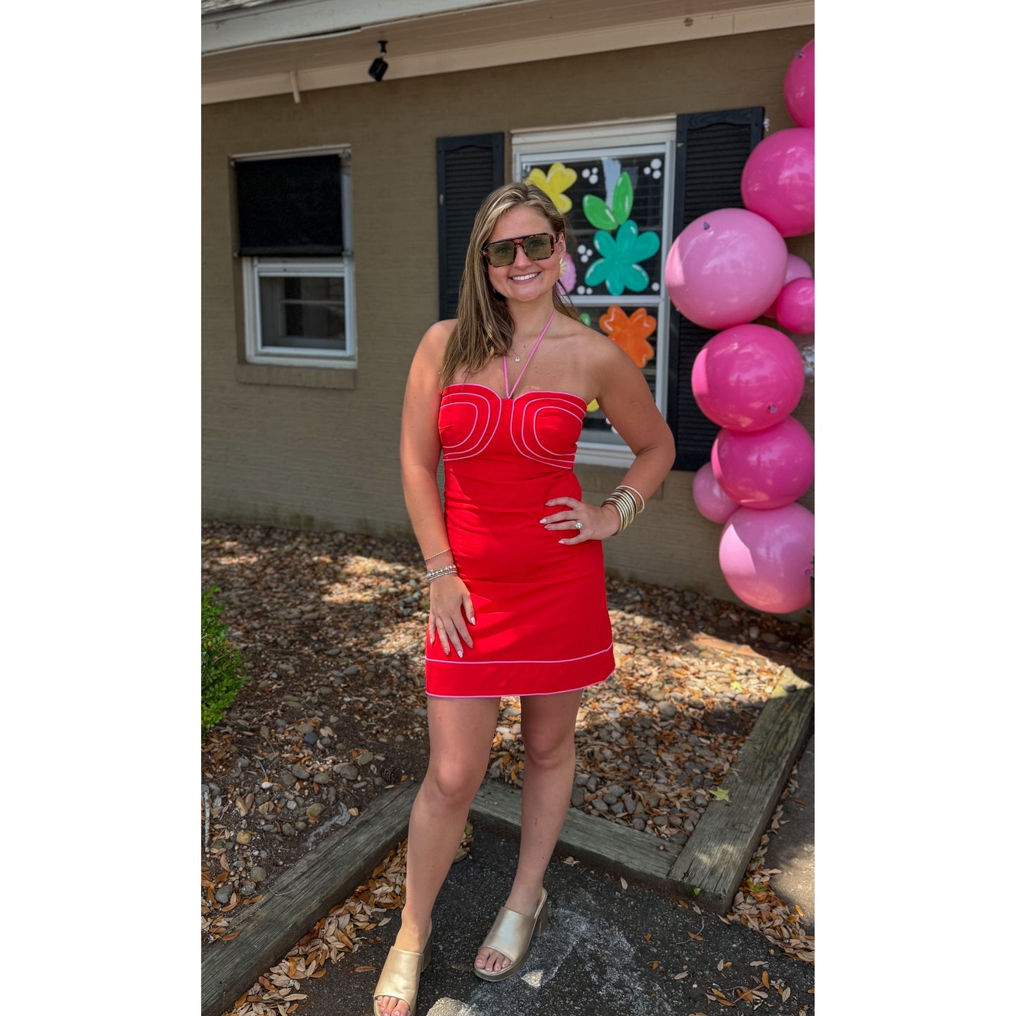 Josie Detail Mini Dress, Red/Pink