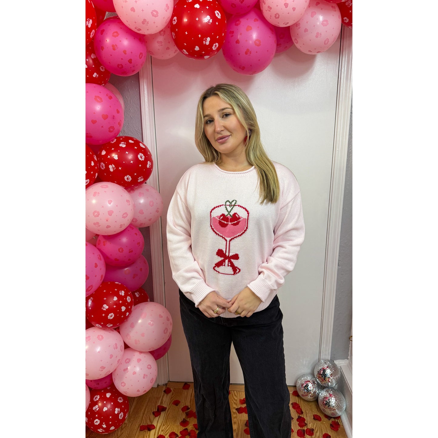 Heart Martini Graphic Sweater, Light Pink Multi