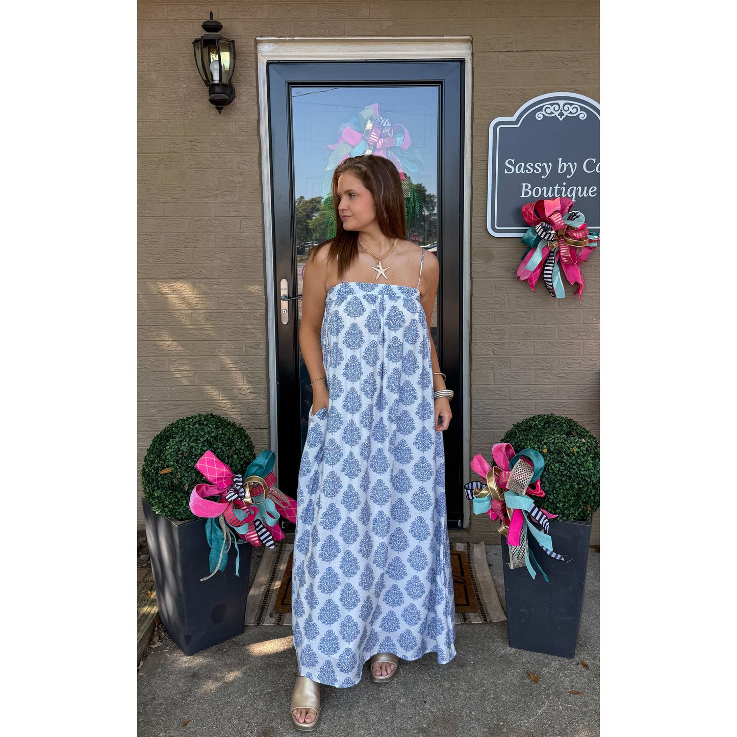 Paisley Maxi Dress, Blue/White