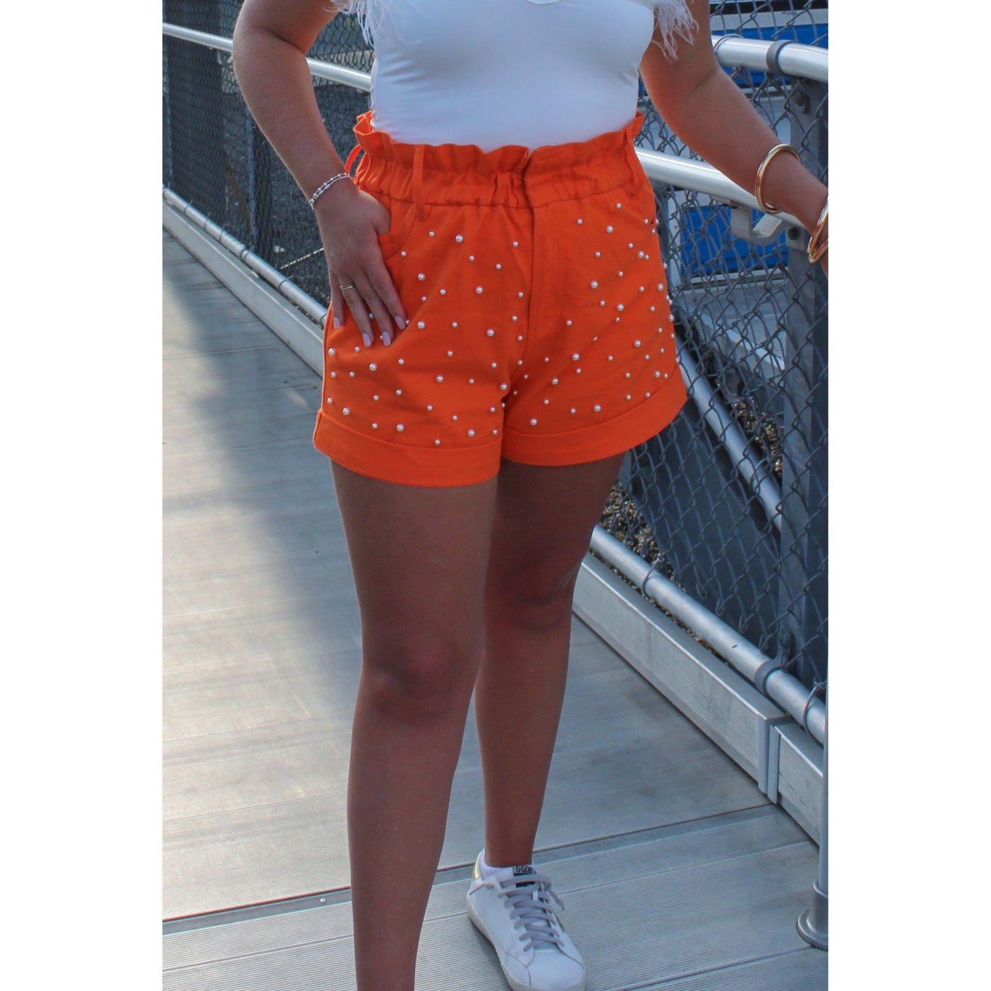 Game On Pearl Detail Shorts, Orange