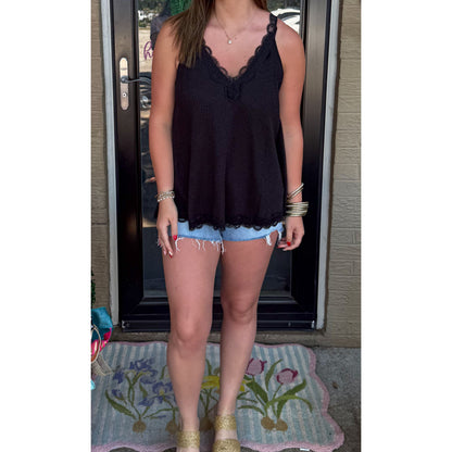 Lace/Ribbed Flowy Tank, Black