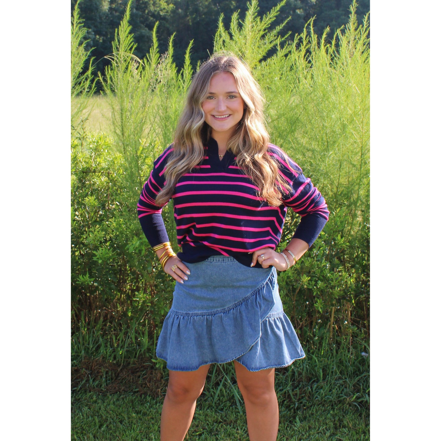 Khloe Stripe Top, Navy/Pink