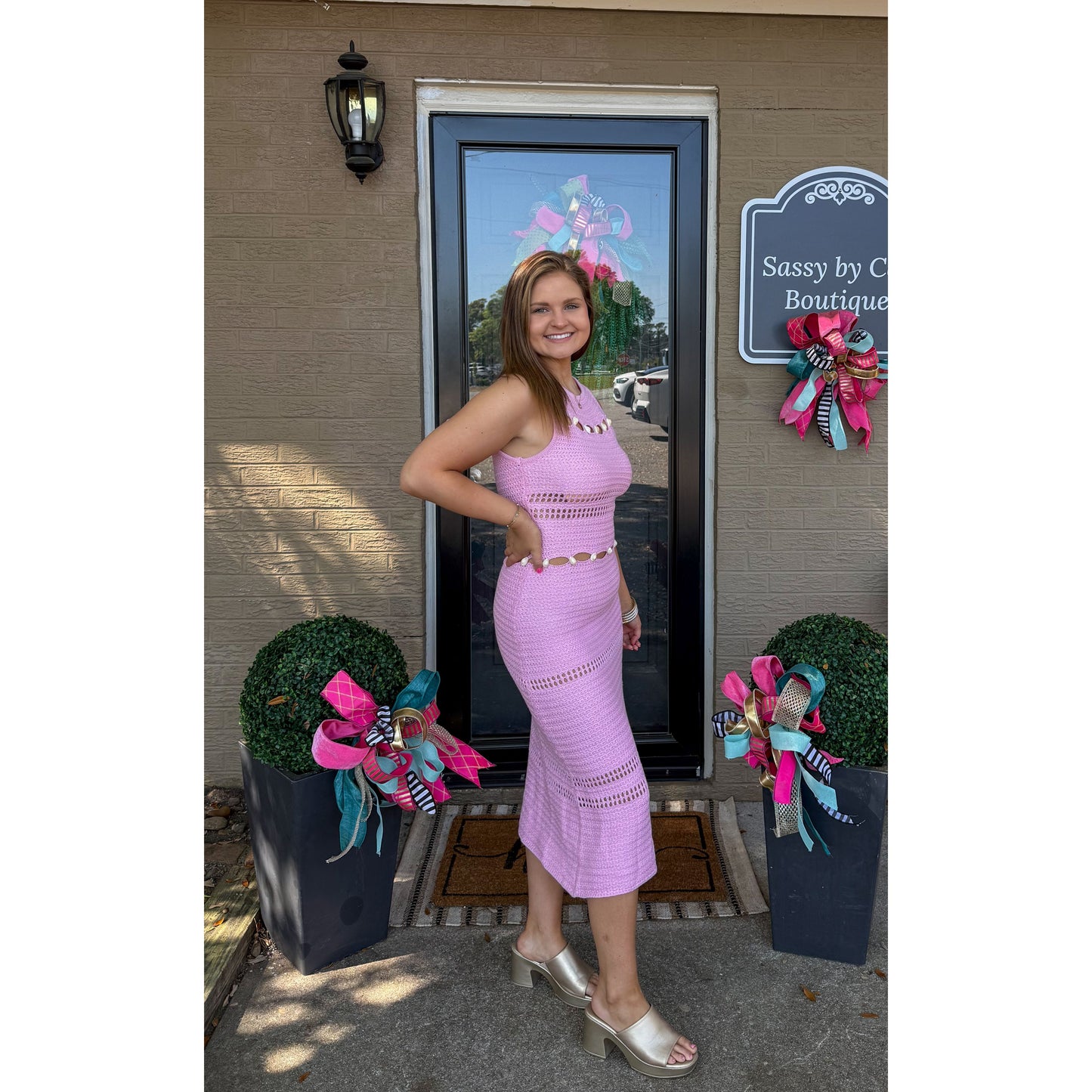 Seashell Detail Knit Dress, Baby Pink