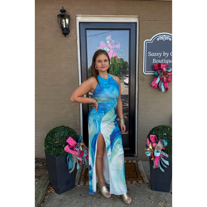 Watercolor Halter Detail Maxi Dress, Blue Multi