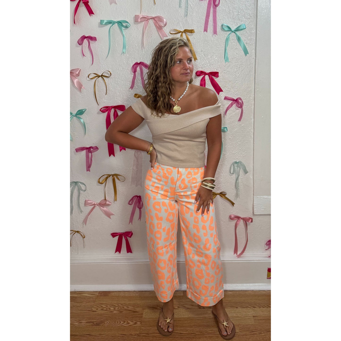Neon Orange Leopard Wide Leg Pants