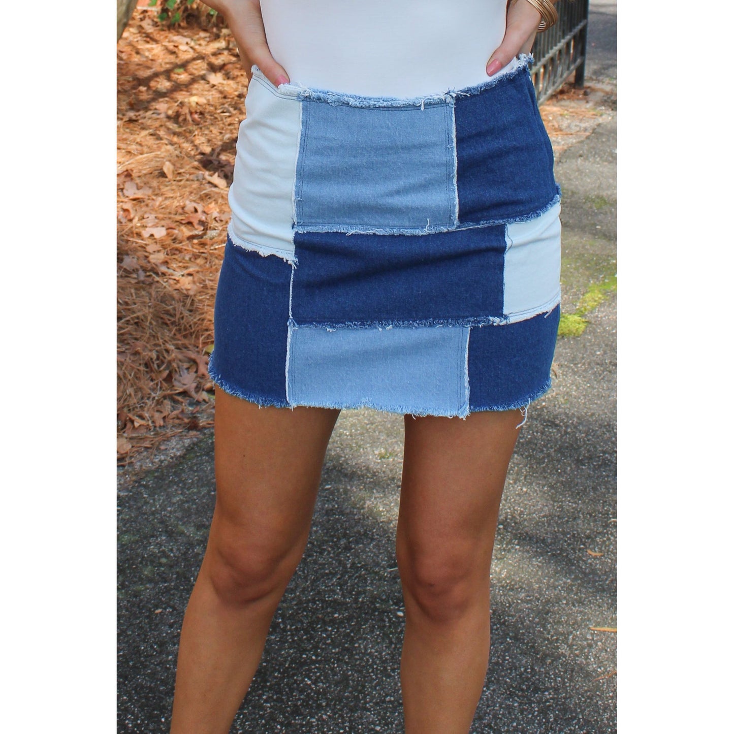 Maren Patchwork Denim Mini Skirt, Multi-Color Wash