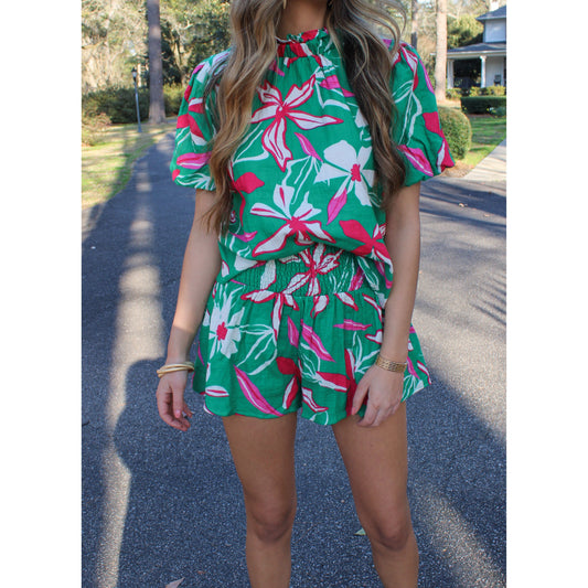Danielle Flower Smocked Shorts, Green Multi