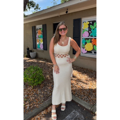 O-Ring Crochet Midi Dress, Cream