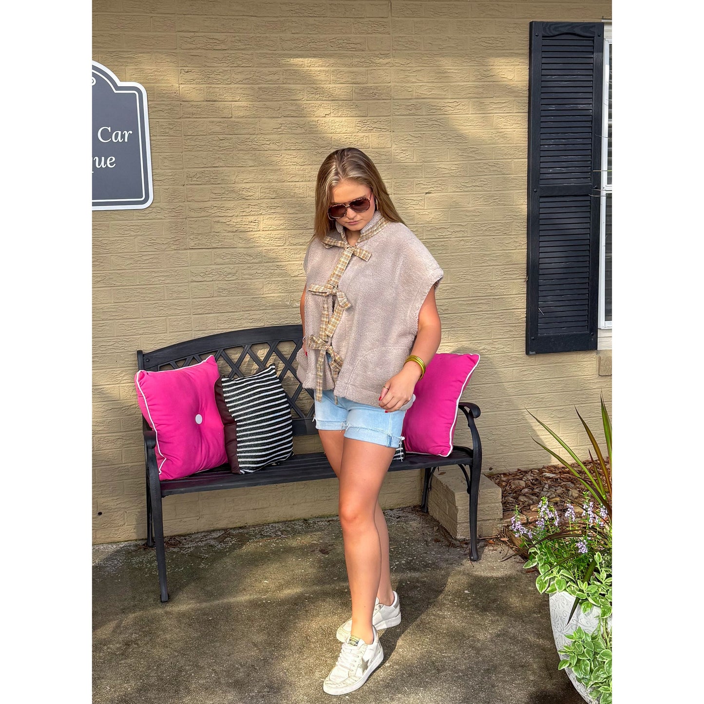 Maisie Sherpa Vest w/ Plaid Detail, Taupe Multi