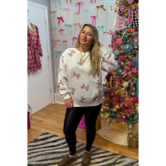 Plaid Bow Pullover, Red/Green/Grey