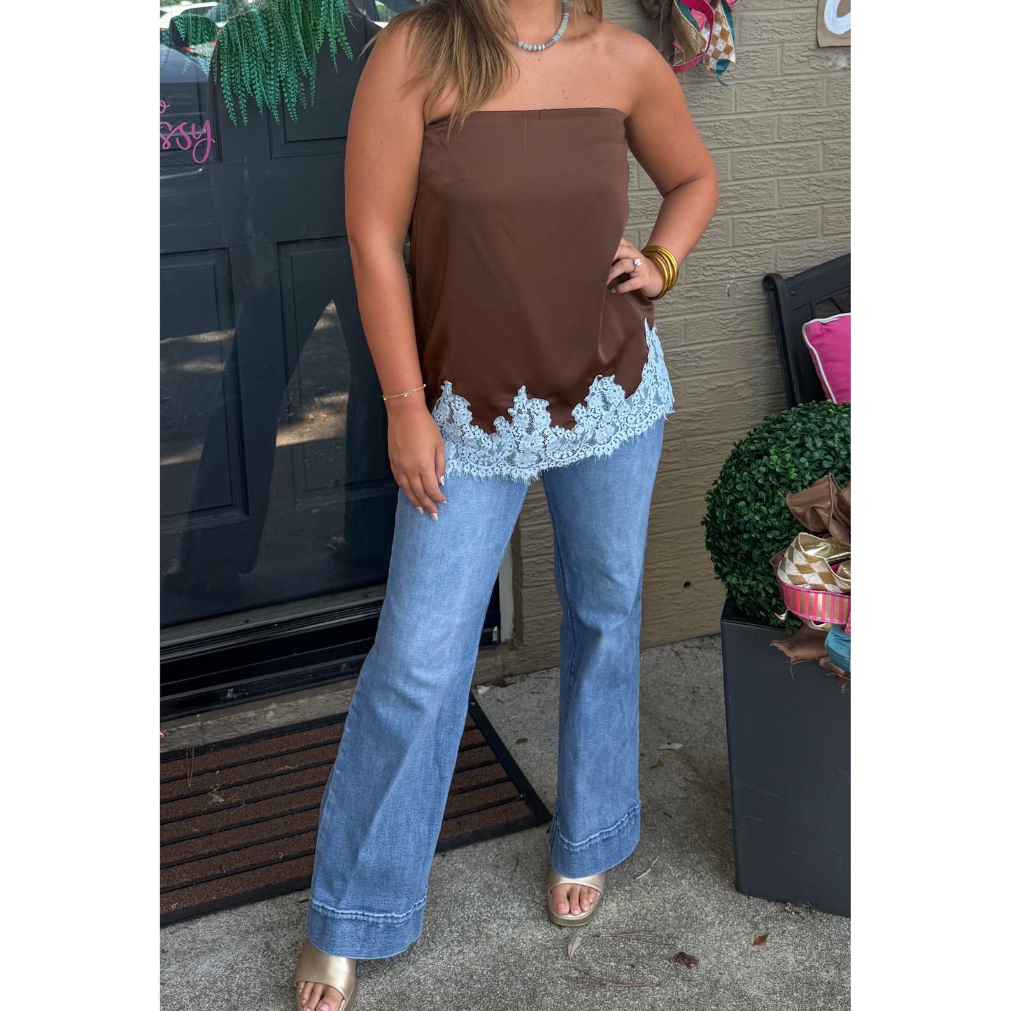 Ellison Lace Trim Top, Chocolate/Blue