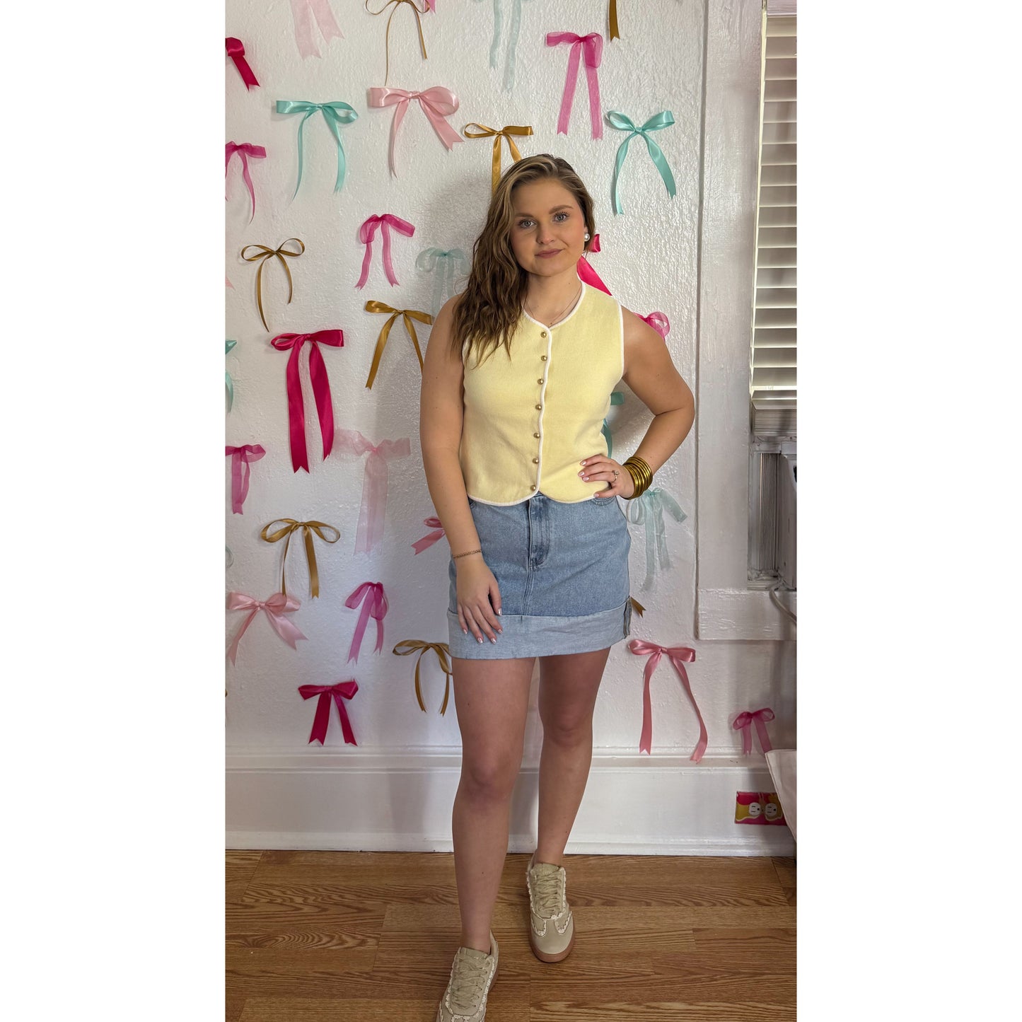 Caroline Button Vest, Butter Yellow/White