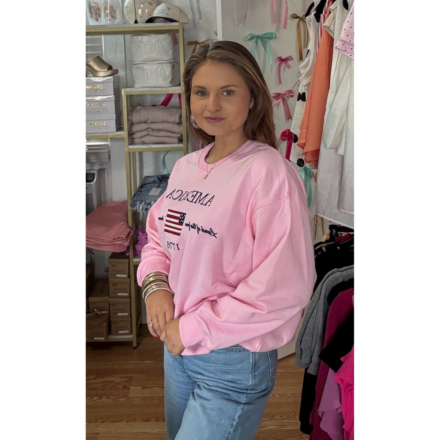 Land of the Free Sweatshirt, Baby Pink