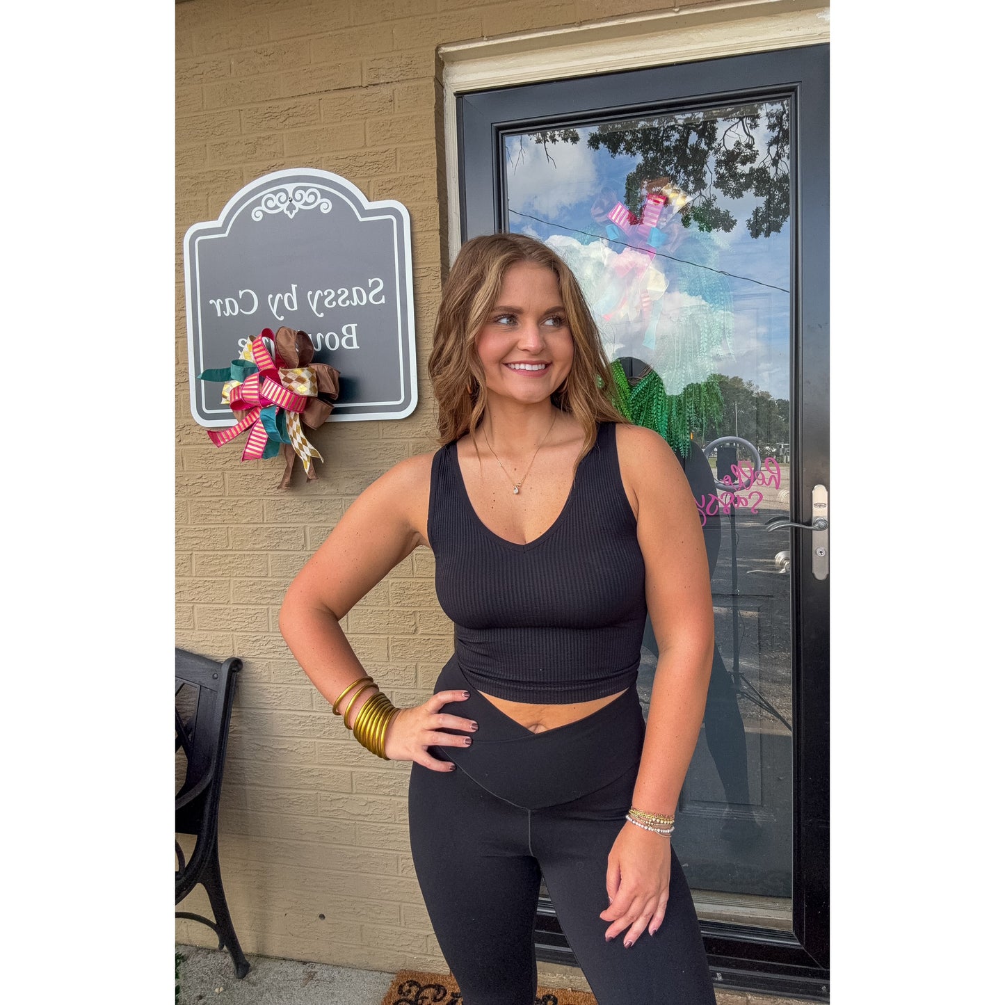V Neck Ribbed Crop Top, Black