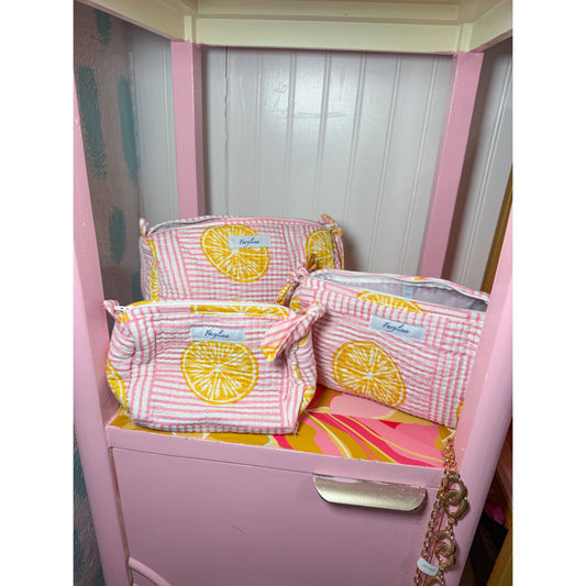 Quilted Lemon/Stripe Makeup Bag