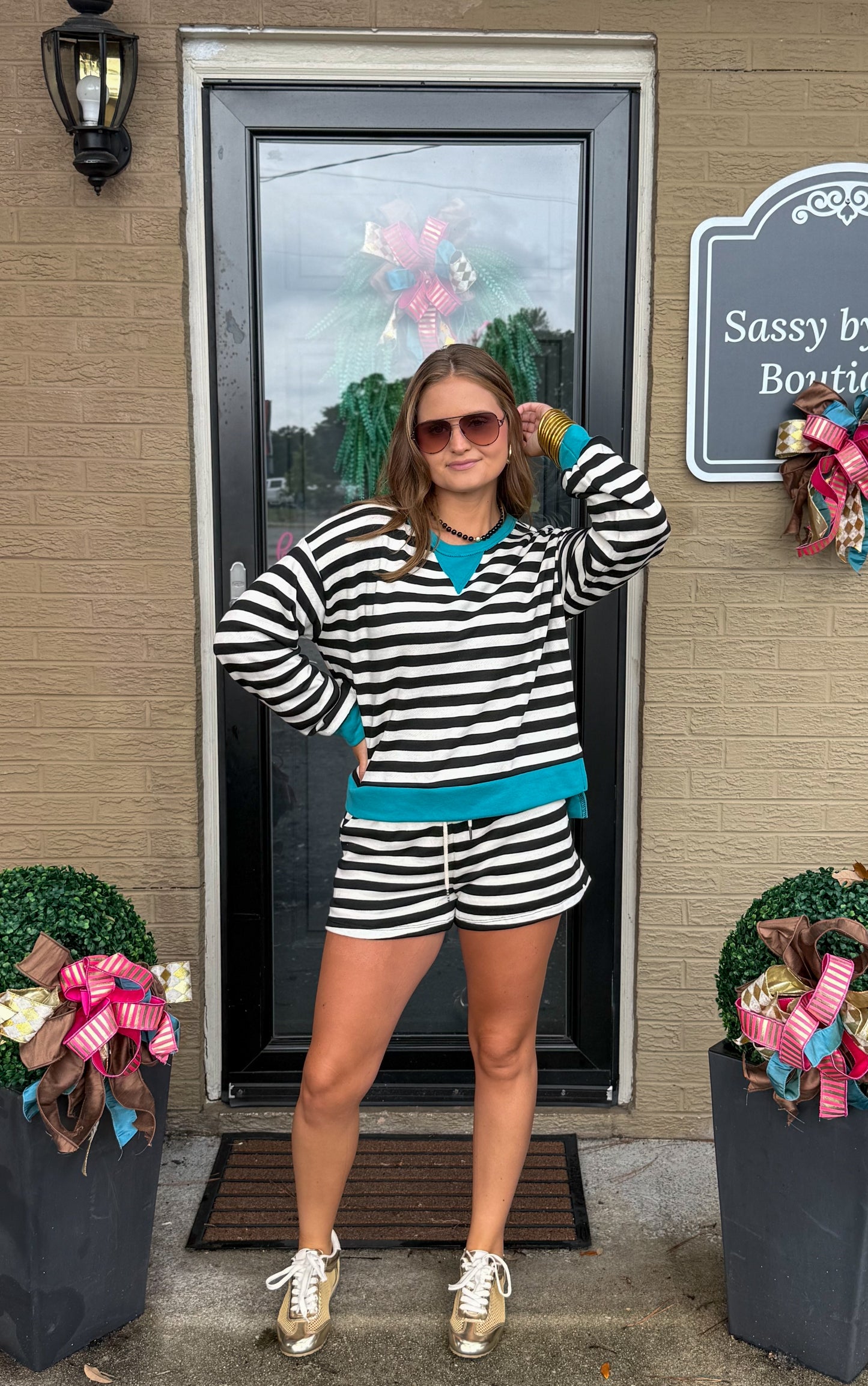 Henley Stripe Lounge Set, Black/Teal