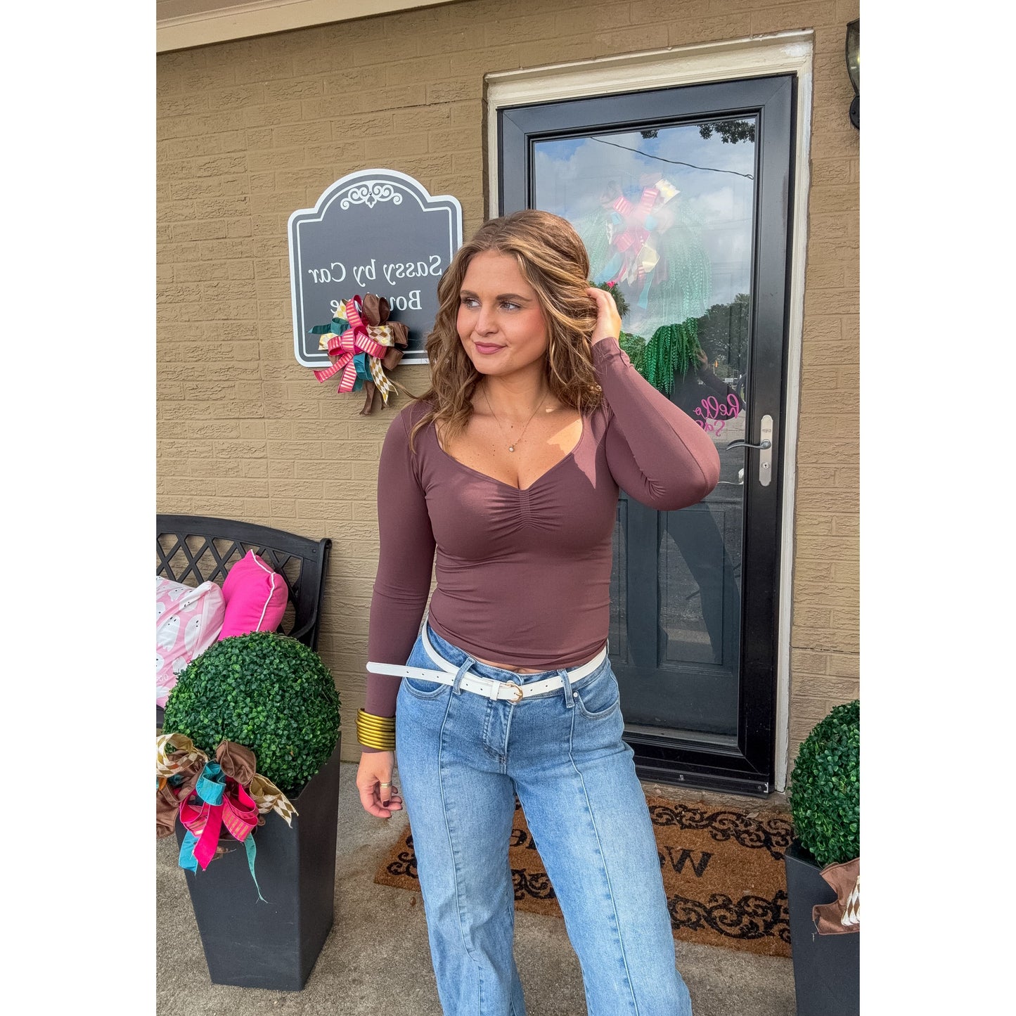 Clean Line Shirred LS Top, Mocha