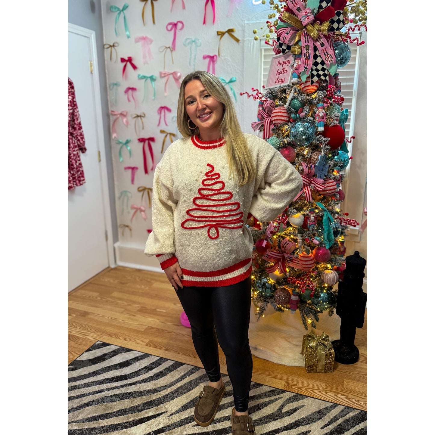 Tree w/ Pearl Sweater, Red/Ecru