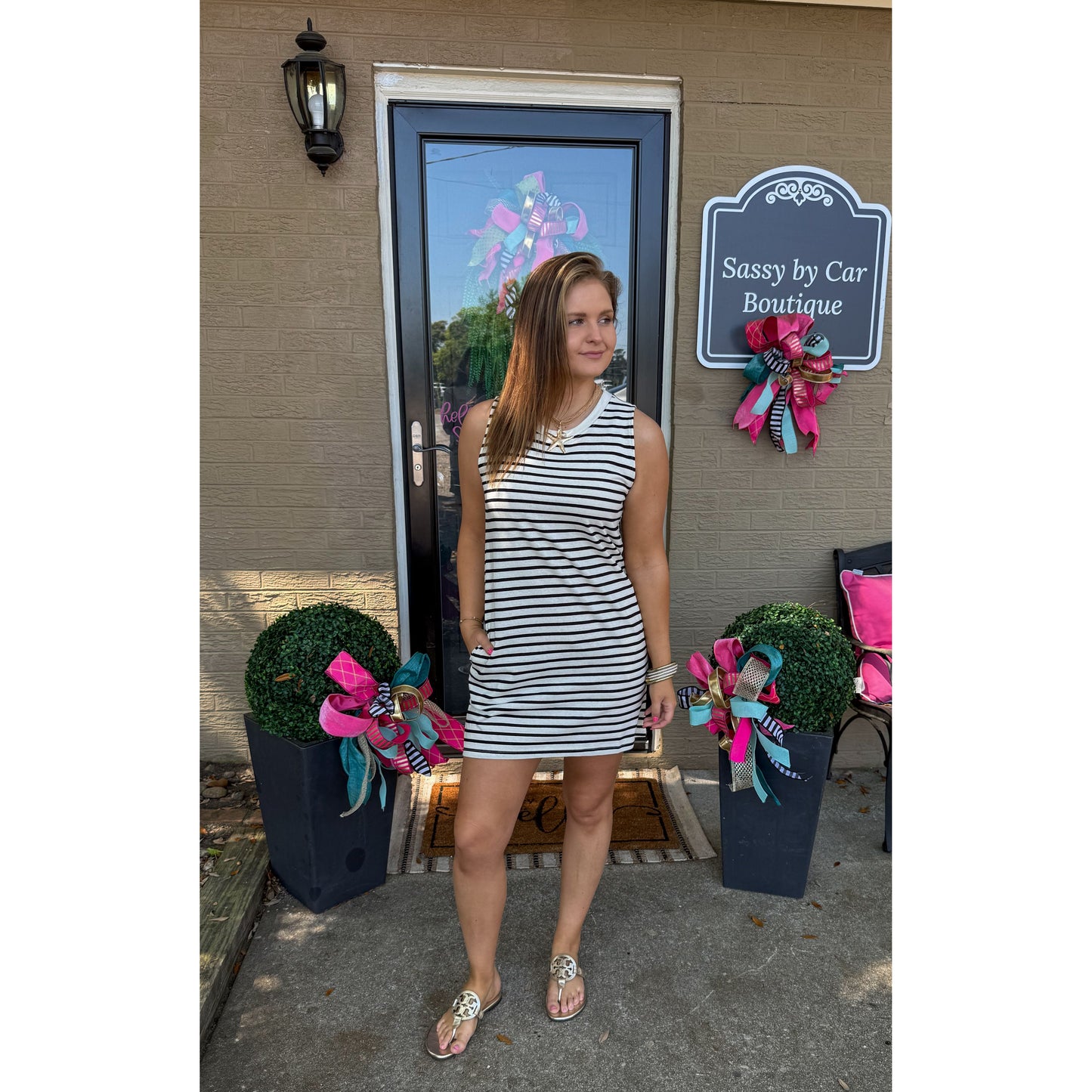 Eloise Stripe Mini Dress, Black/Ivory