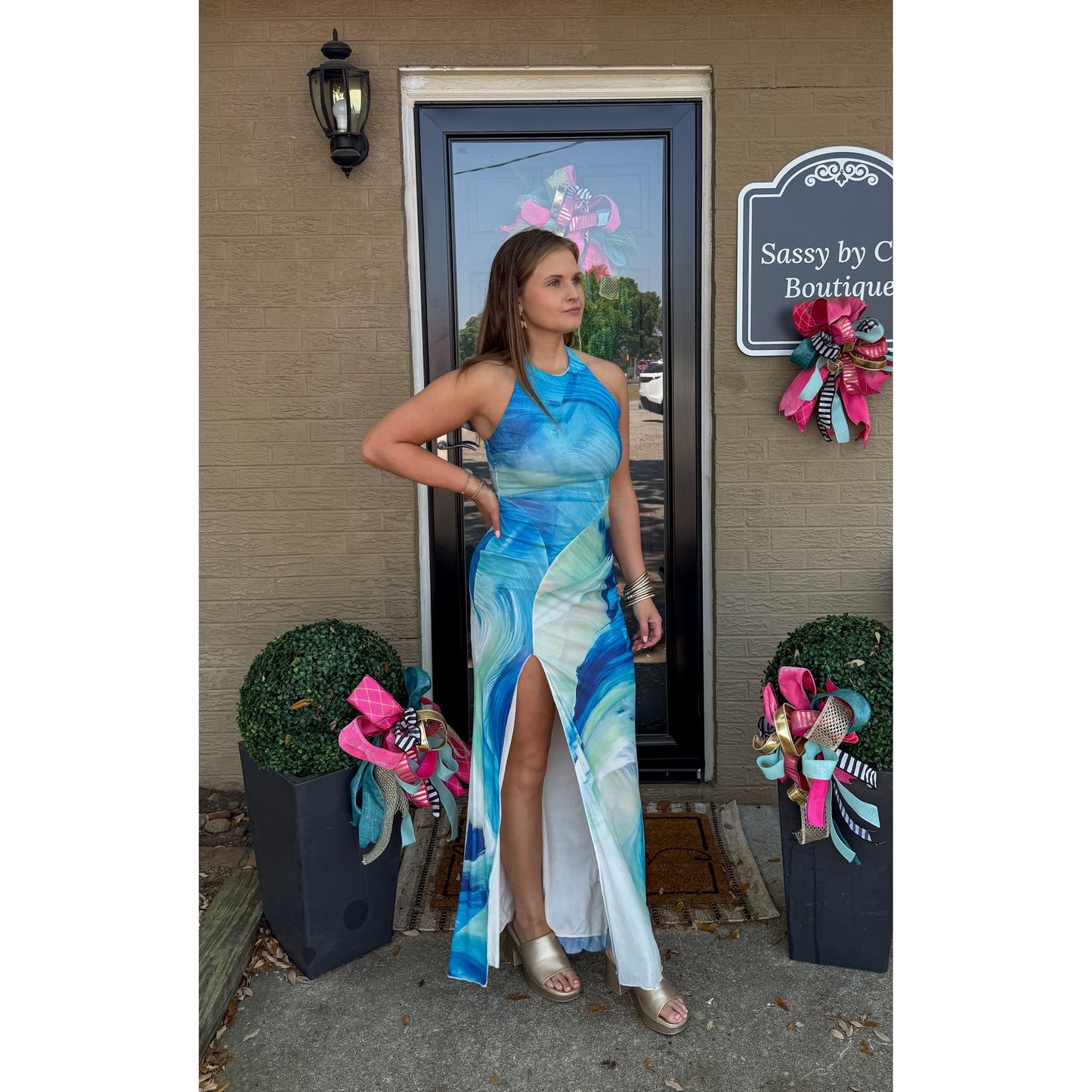 Watercolor Halter Detail Maxi Dress, Blue Multi