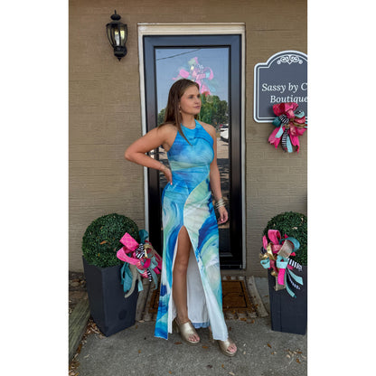 Watercolor Halter Detail Maxi Dress, Blue Multi