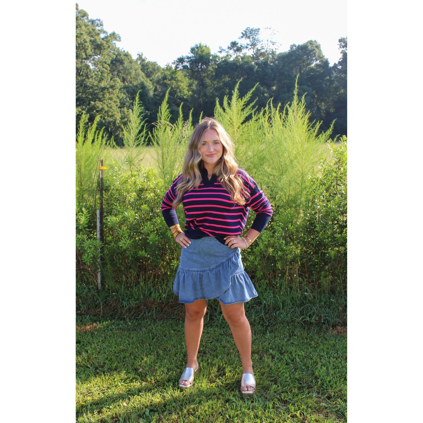 Khloe Stripe Top, Navy/Pink