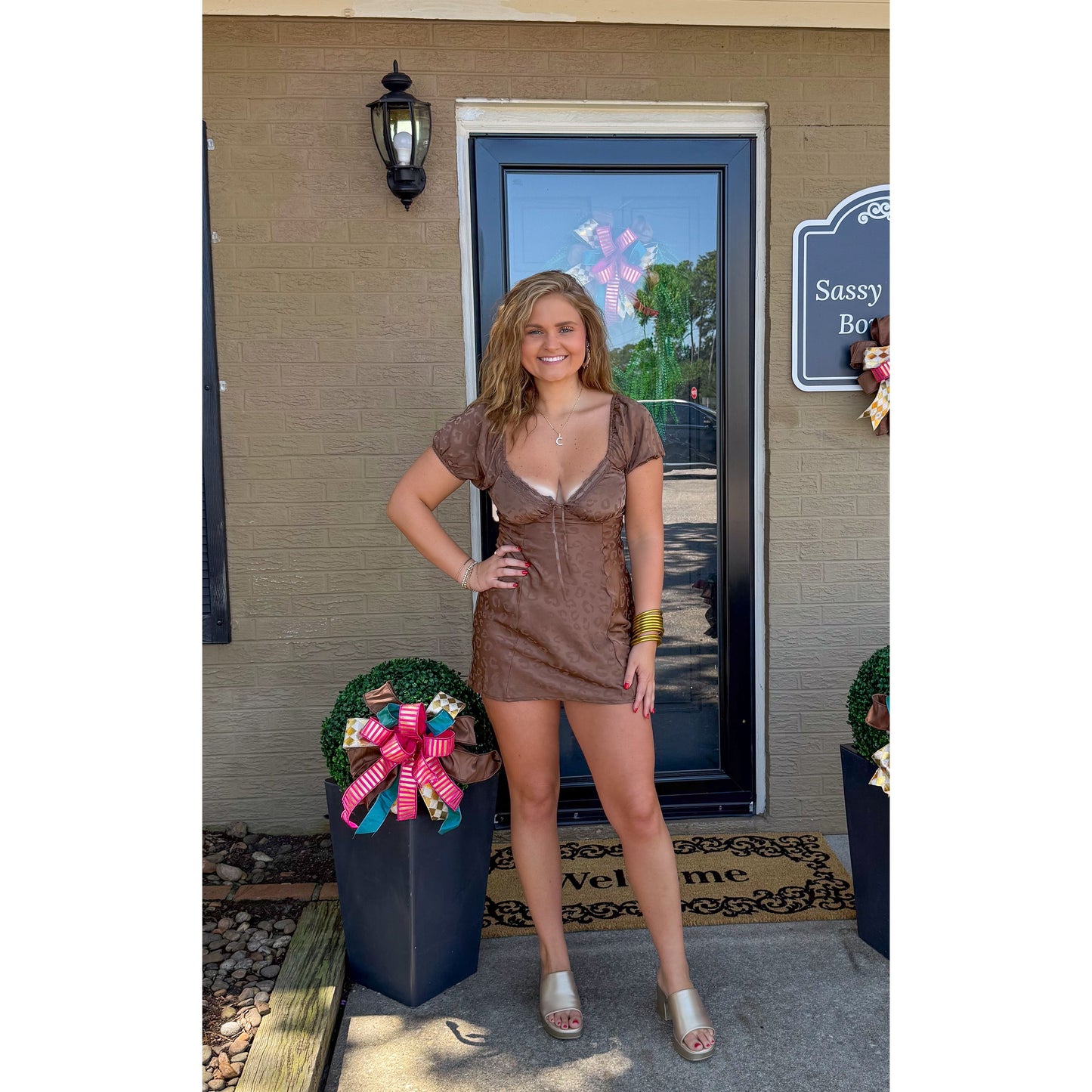 Anna Satin Cheetah Mini Dress, Mocha