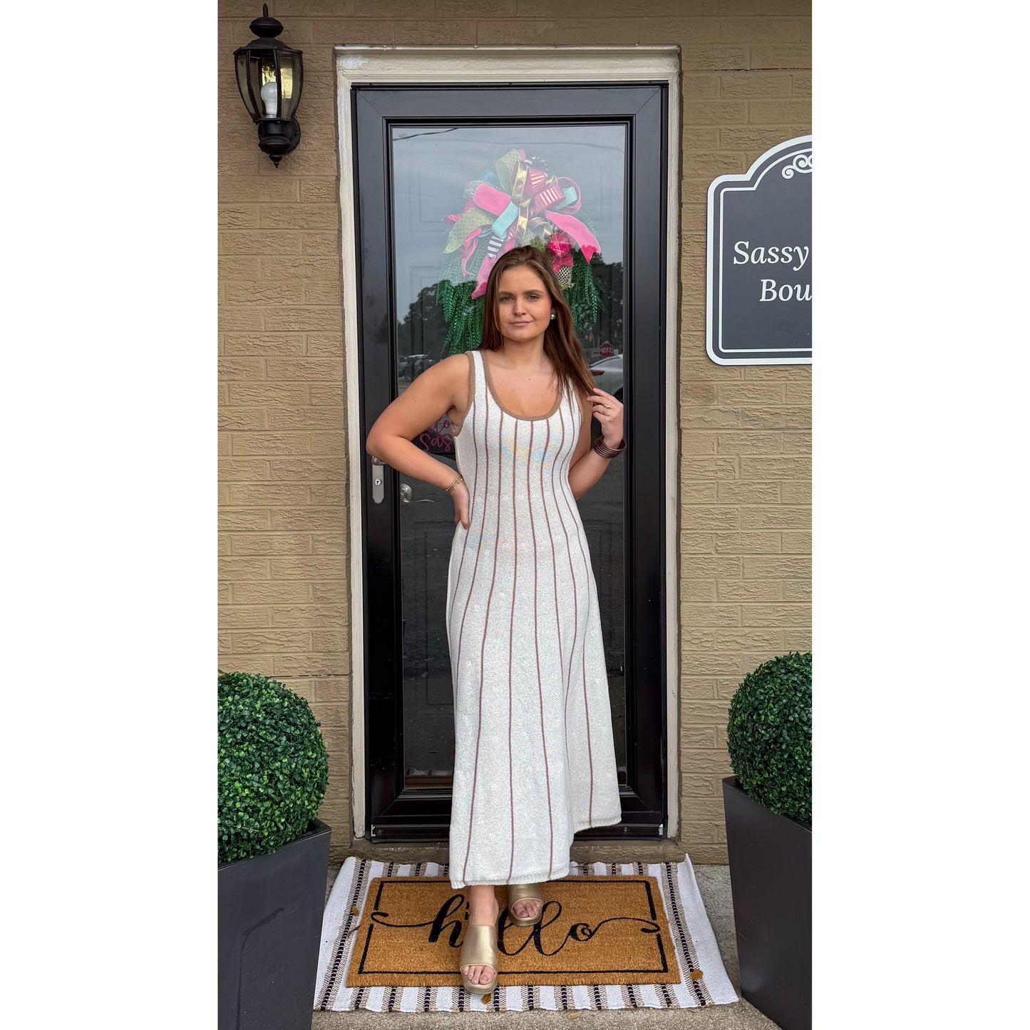 Blakely Knit Midi Dress, White/Taupe